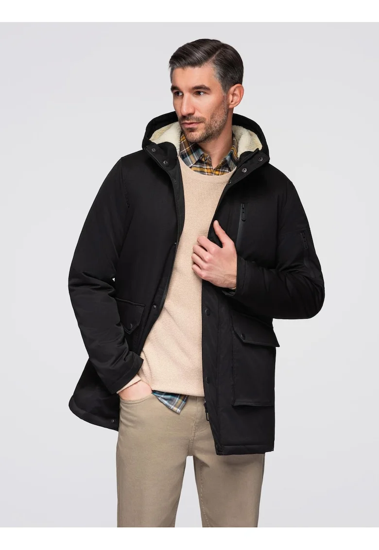 Geaca lunga tip parka in stil sherpa  OM-JAPJ-0316, Negru