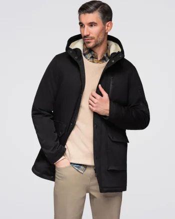 Geaca lunga tip parka in stil sherpa  OM-JAPJ-0316, Negru