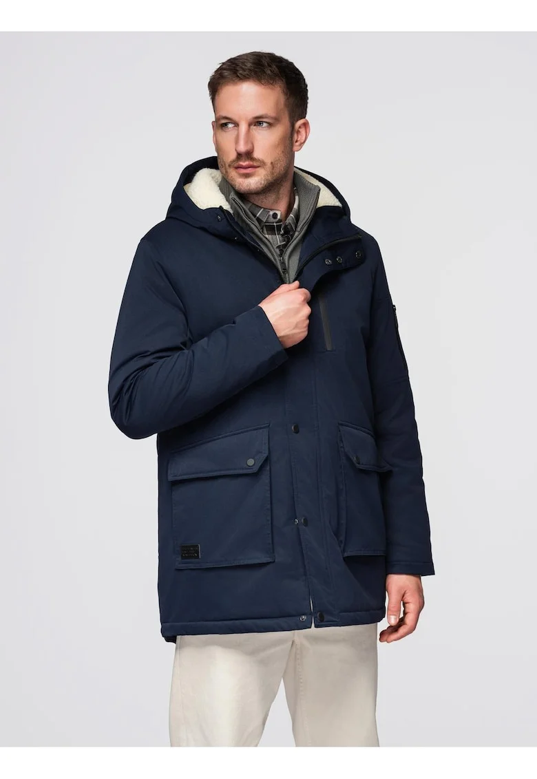 Geaca lunga tip parka in stil sherpa  OM-JAPJ-0316, Albastru inchis