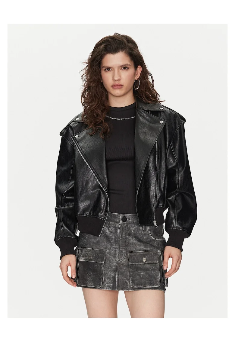 Geaca de imitatie de piele,  neagra, pentru femei,