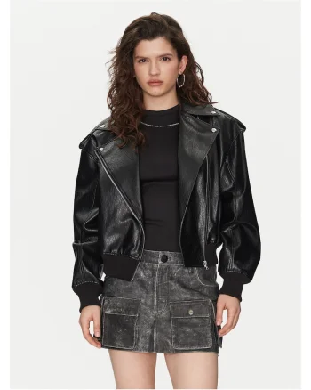 Geaca de imitatie de piele,  neagra, pentru femei,