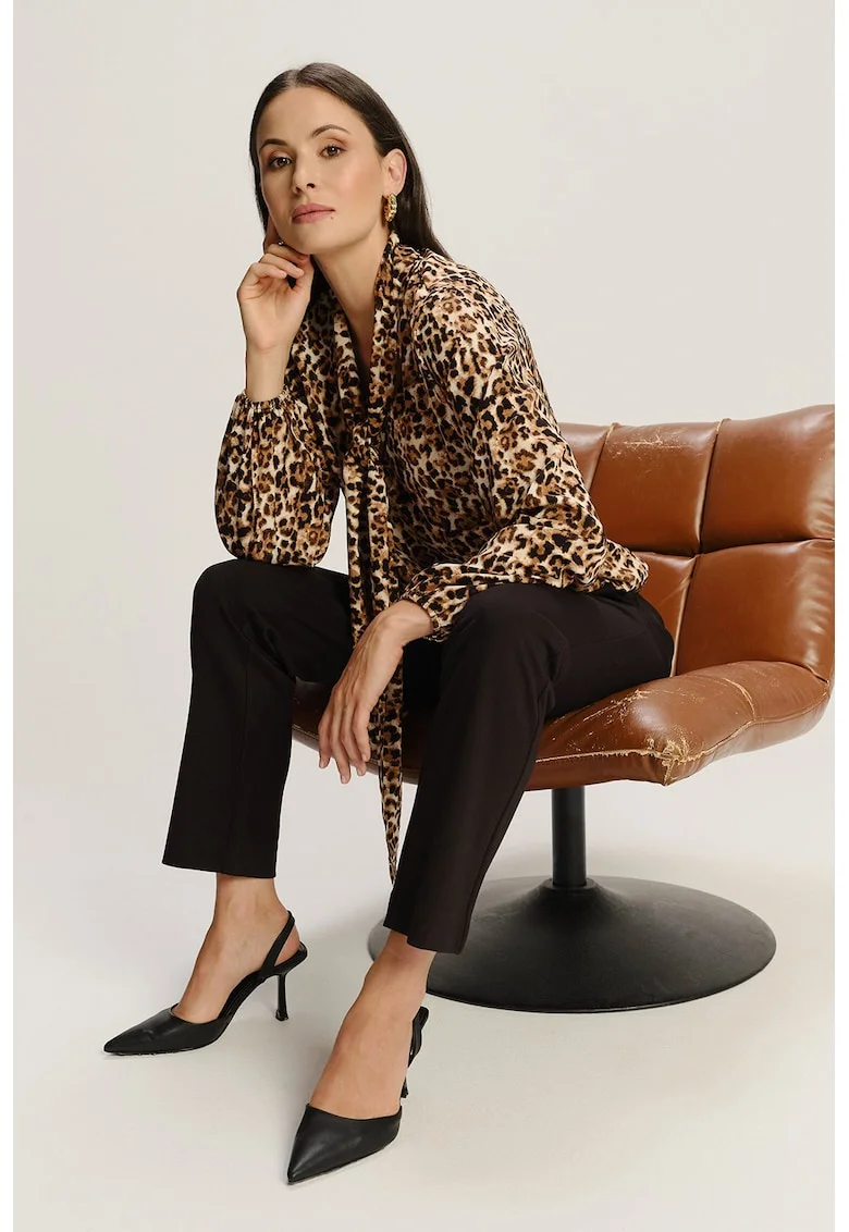 Bluza cu animal print si guler cu funda din panglici, Maro inchis/Negru/Bej deschis