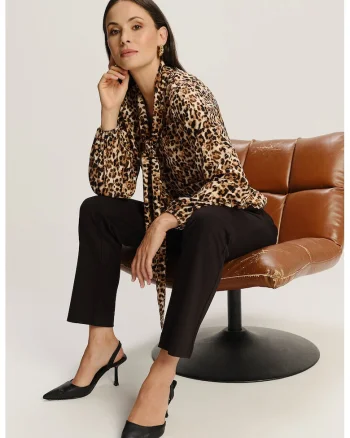 Bluza cu animal print si guler cu funda din panglici, Maro inchis/Negru/Bej deschis