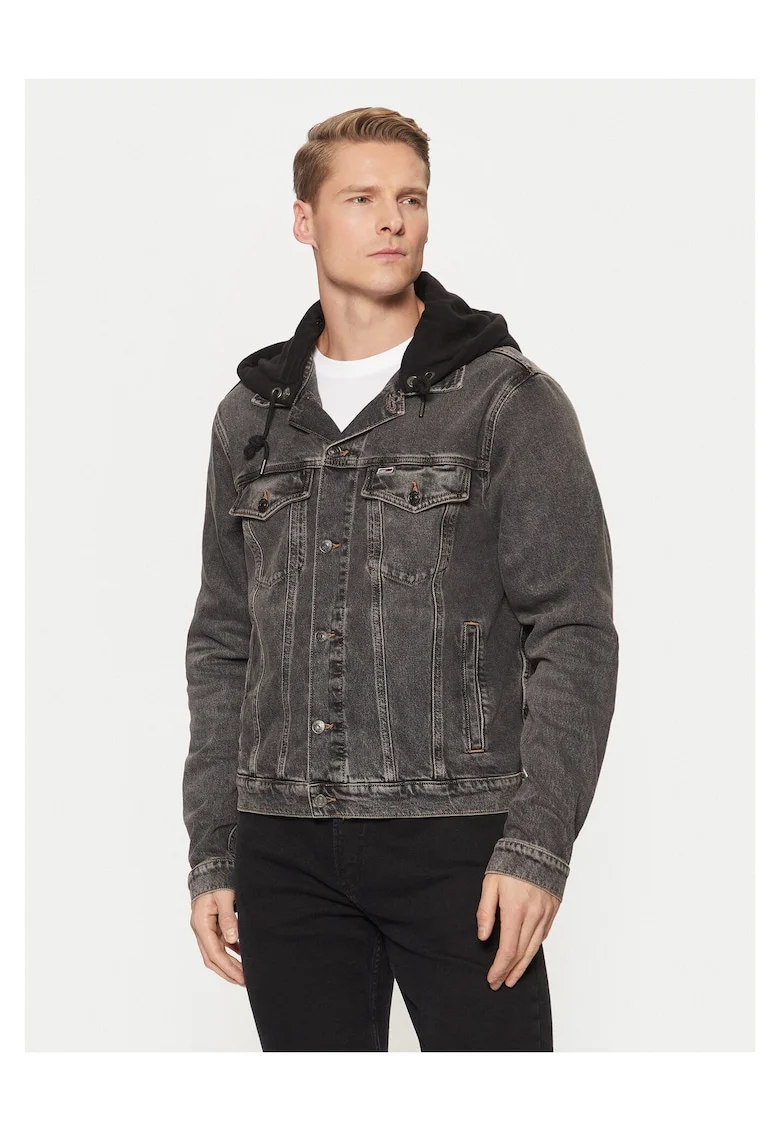Geaca de blugi barbati  gri, denim, cu gluga