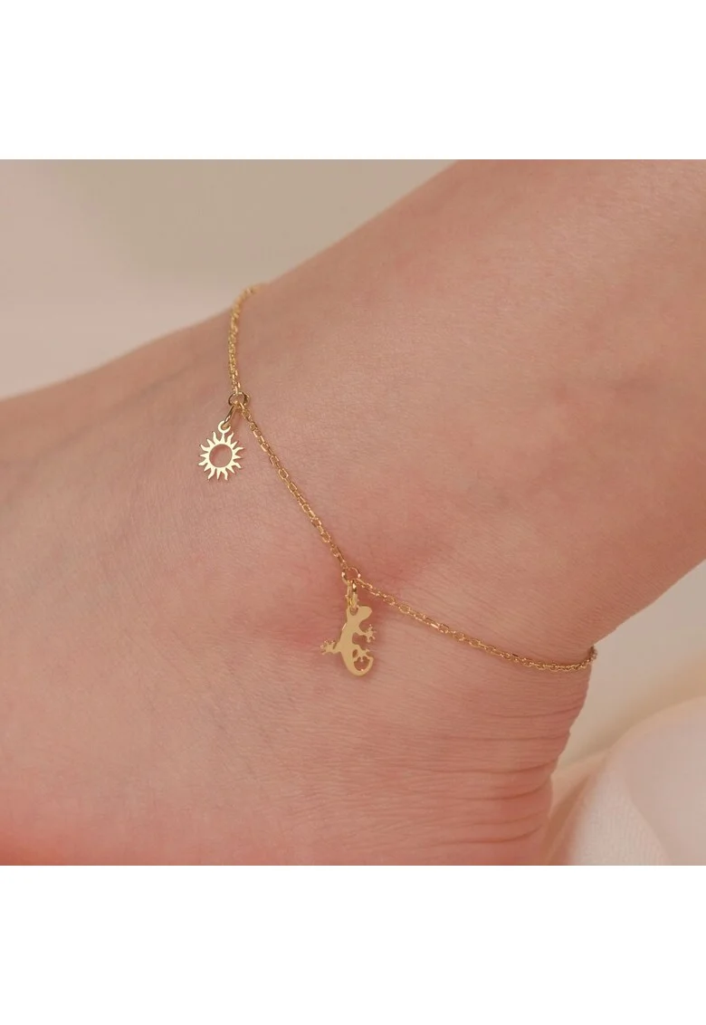 Bratara de picior din argint, soparla gecko si soare, Auriu