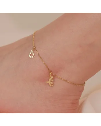 Bratara de picior din argint, soparla gecko si soare, Auriu