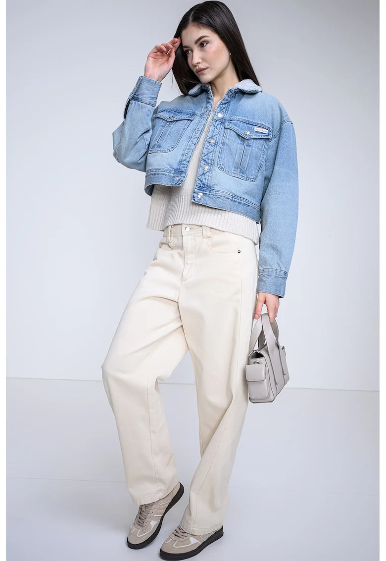 Jacheta crop lejera din denim, Albastru deschis
