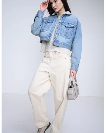 Jacheta crop lejera din denim, Albastru deschis