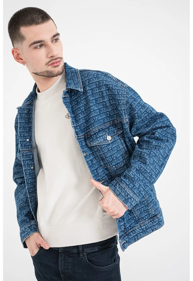 Jacheta din denim cu imprimeu, Albastru inchis