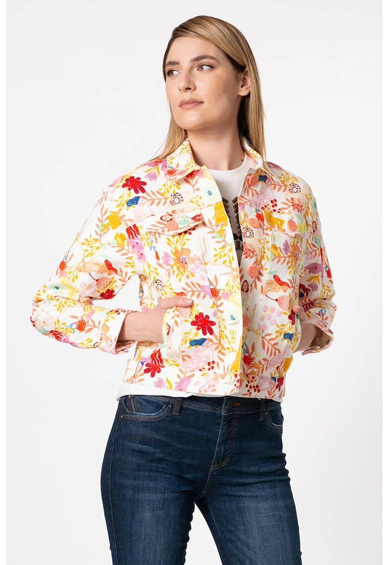 Jacheta de denim cu imprimeu floral Chaq Lisam, Alb/Portocaliu/Roz