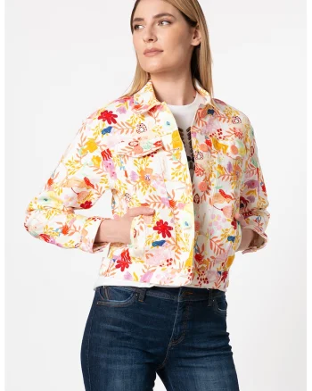 Jacheta de denim cu imprimeu floral Chaq Lisam, Alb/Portocaliu/Roz