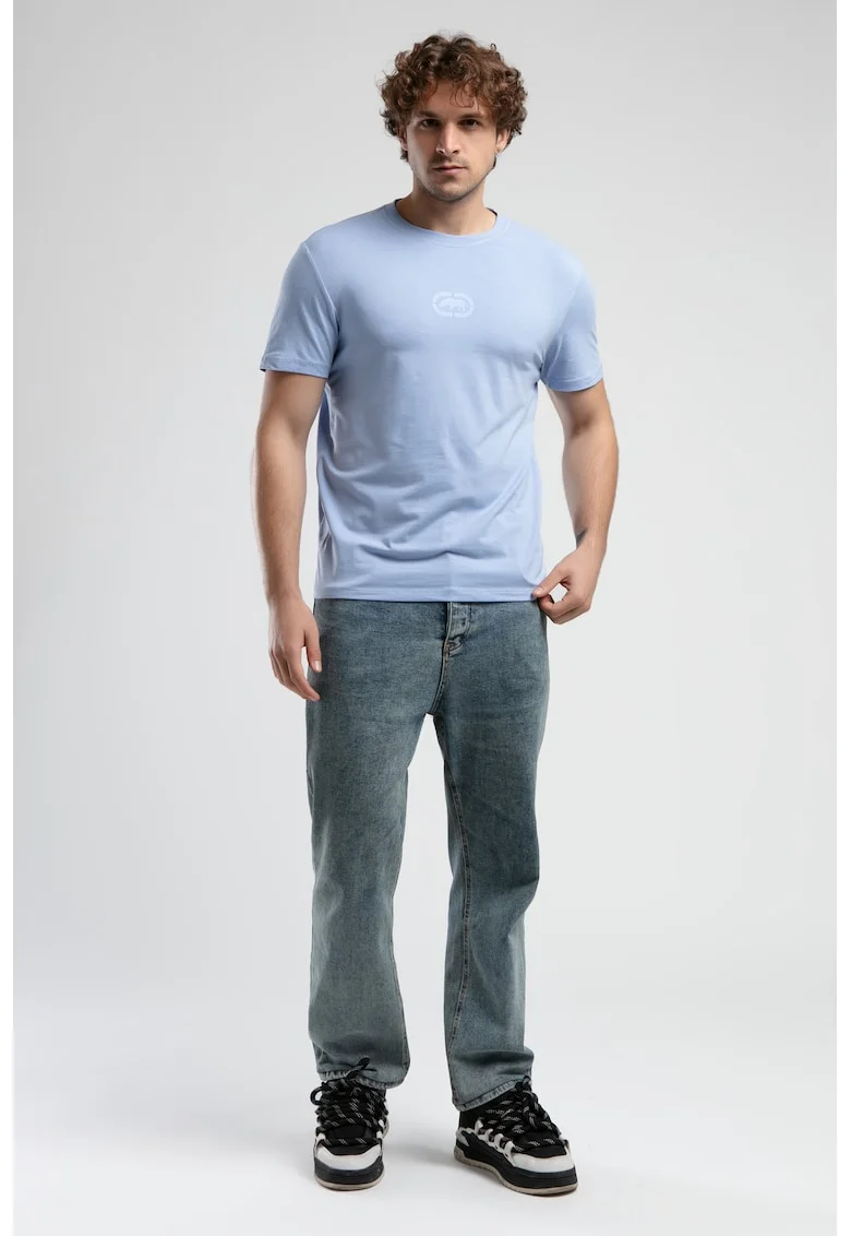 Tricou cu logo si decolteu la baza gatului, JOHNSON, Albastru deschis, Albastru deschis