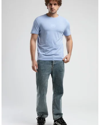 Tricou cu logo si decolteu la baza gatului, JOHNSON, Albastru deschis, Albastru deschis