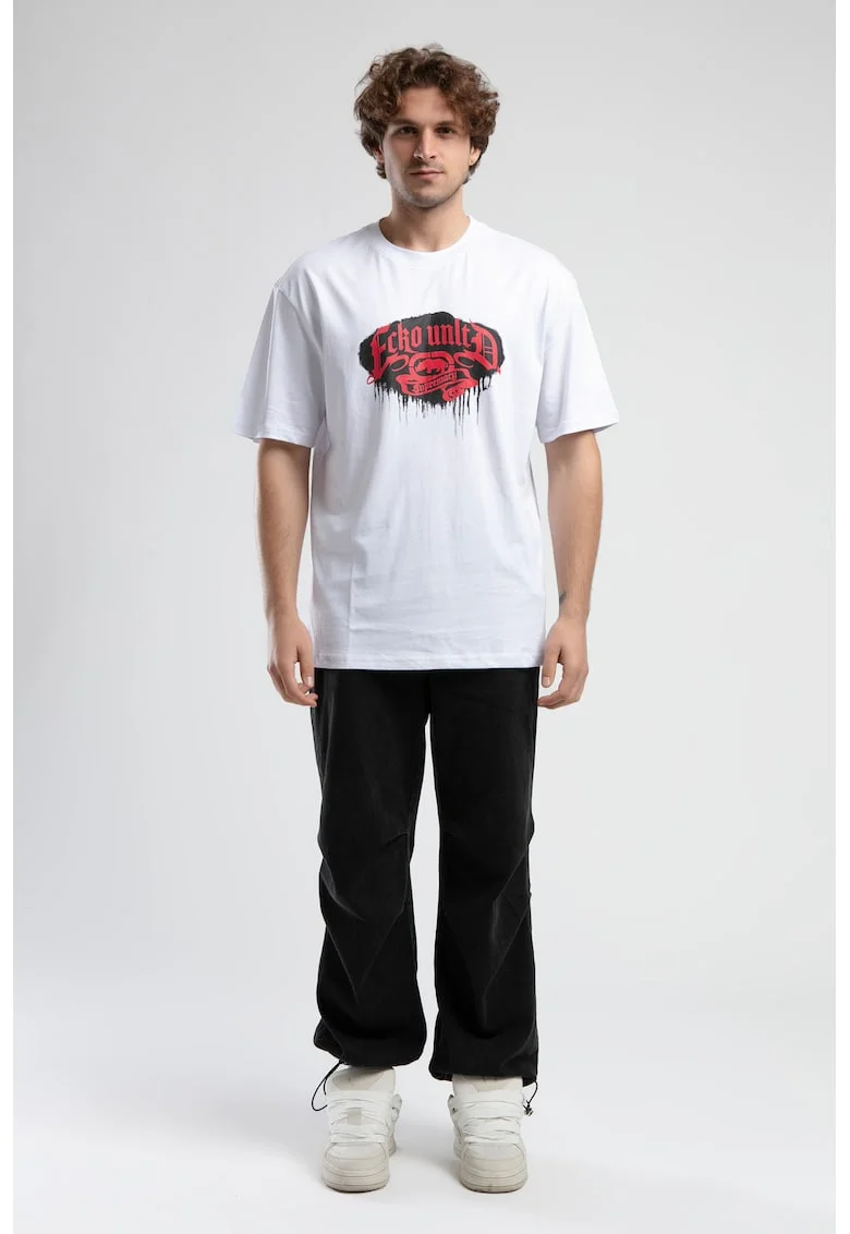 Tricou cu logo si decolteu la baza gatului, ROCKEFELLA, Negru, Alb