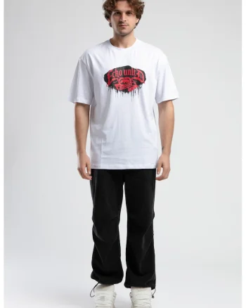 Tricou cu logo si decolteu la baza gatului, ROCKEFELLA, Negru, Alb