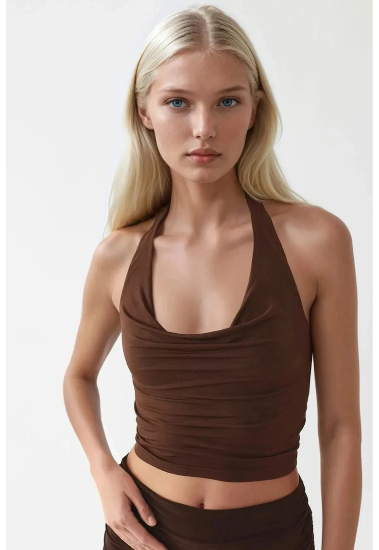 Maiou scurt dama  decolteu halter, slim fit, poliester/elastan, maro mocha