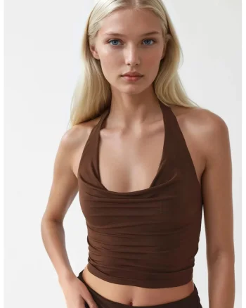 Maiou scurt dama  decolteu halter, slim fit, poliester/elastan, maro mocha