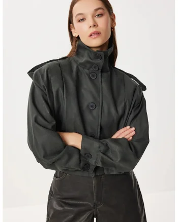 Geaca bomber, Happiness Istanbul, piele intoarsa, verde inchis