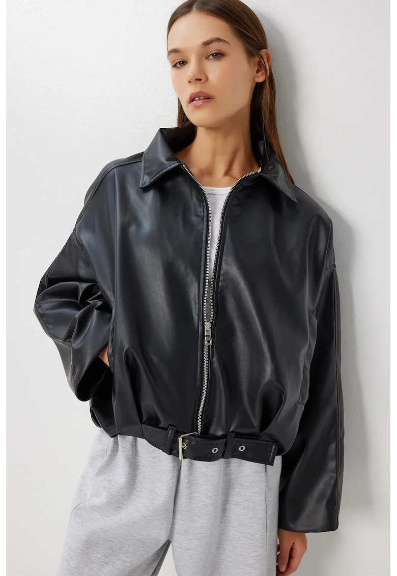 Geaca bomber, Happiness Istanbul, piele ecologica, neagra
