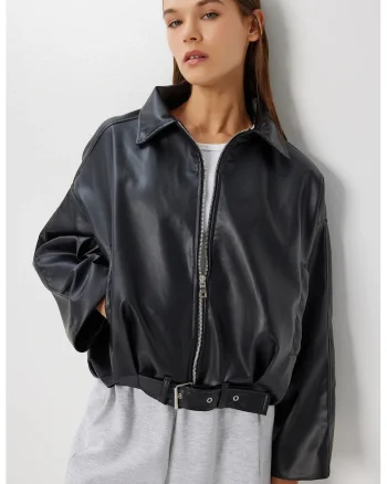 Geaca bomber, Happiness Istanbul, piele ecologica, neagra