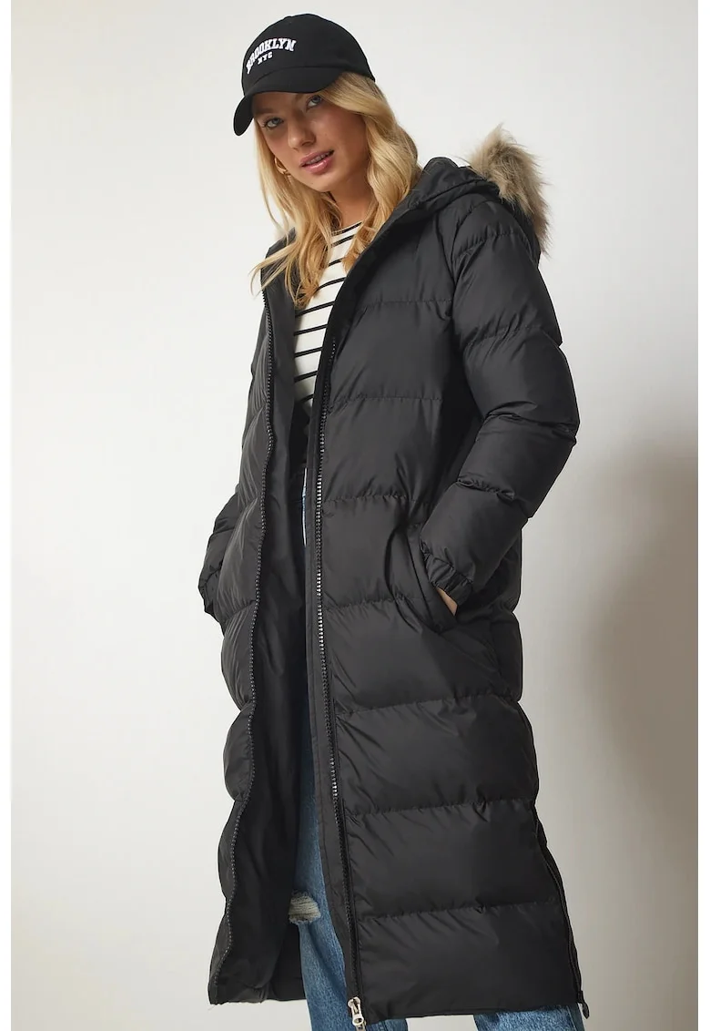 Geaca dama, Happiness Istanbul, lung, oversized, gluga, poliester, negru