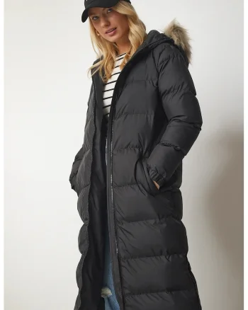Geaca dama, Happiness Istanbul, lung, oversized, gluga, poliester, negru