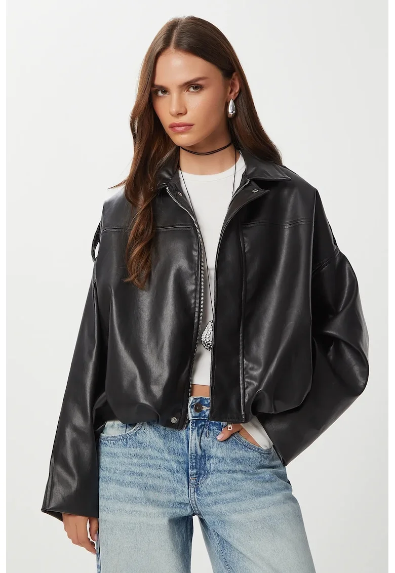 Geaca biker, Happiness Istanbul, piele ecologica, negru