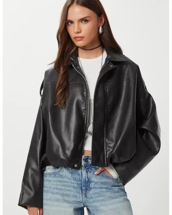 Geaca biker, Happiness Istanbul, piele ecologica, negru