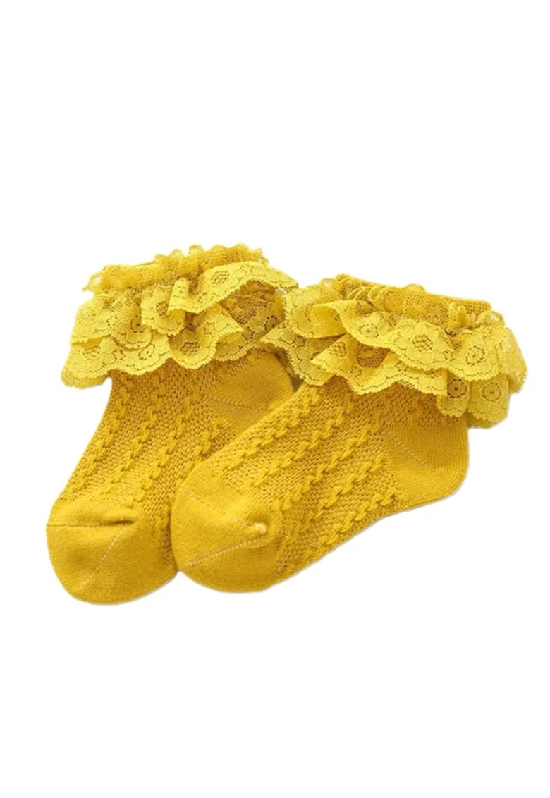 Sosete  Cu Model Din Tesatura Si Danteluta, Uni, Casual, Fete, Galben mustar
