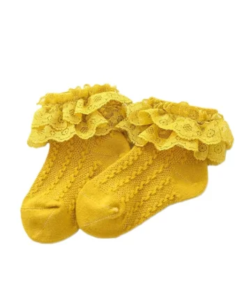 Sosete  Cu Model Din Tesatura Si Danteluta, Uni, Casual, Fete, Galben mustar