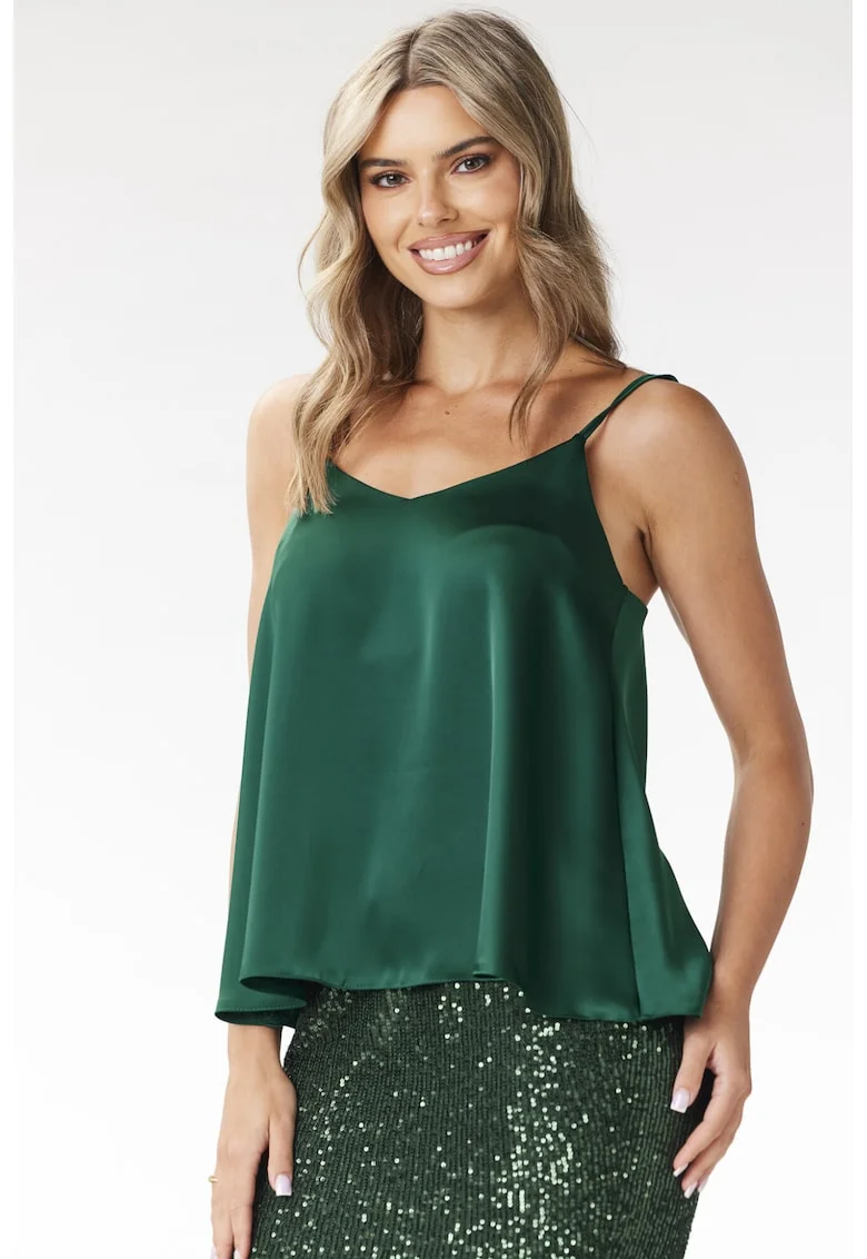 Top  din satin, decolteu in V, lejer, verde sticla