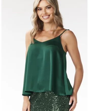 Top  din satin, decolteu in V, lejer, verde sticla
