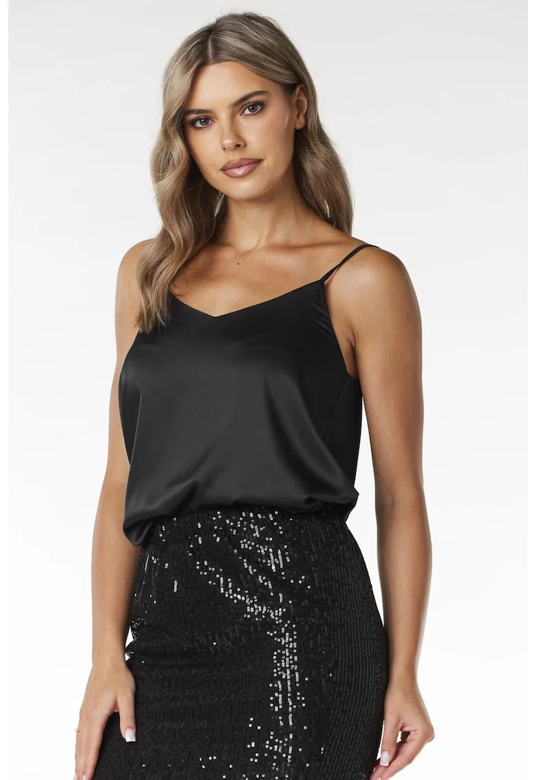 Top  satin, decolteu in V, lejer, negru