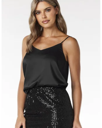 Top  satin, decolteu in V, lejer, negru