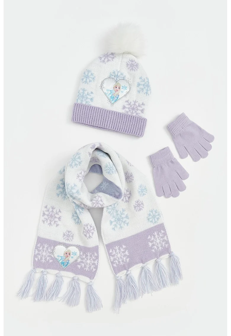 Fular, caciula si manusi cu model - 3 piese, Alb/Lila