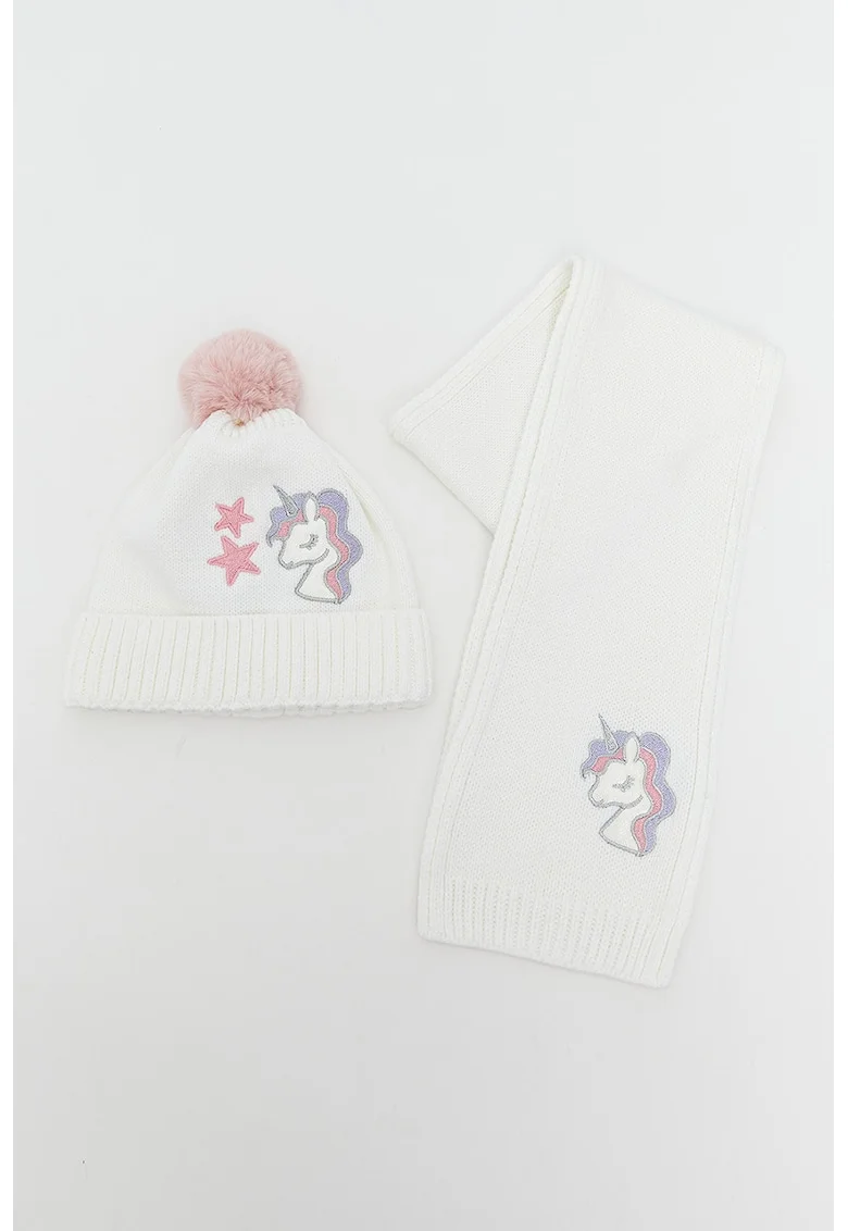 Set de caciula si fular cu unicorn - 2 piese, Alb