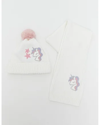 Set de caciula si fular cu unicorn - 2 piese, Alb