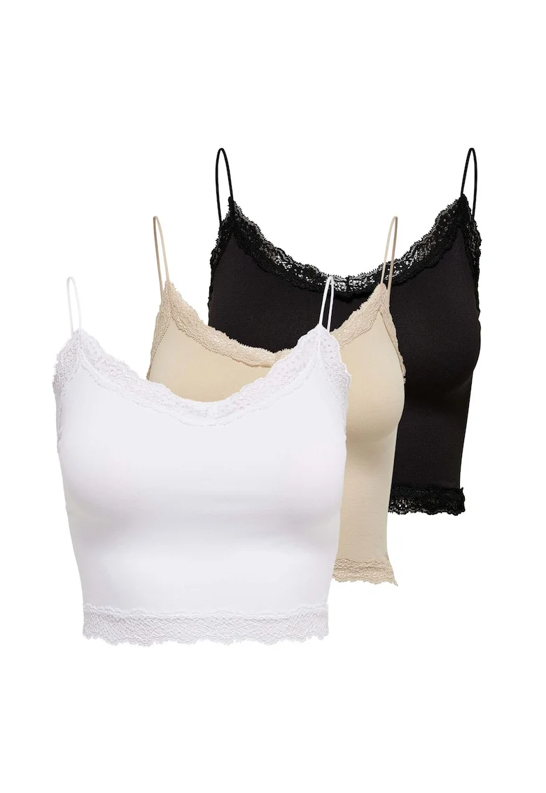Set de top-uri slim fit crop Vicky - 3 piese, Alb/Negru/Bej