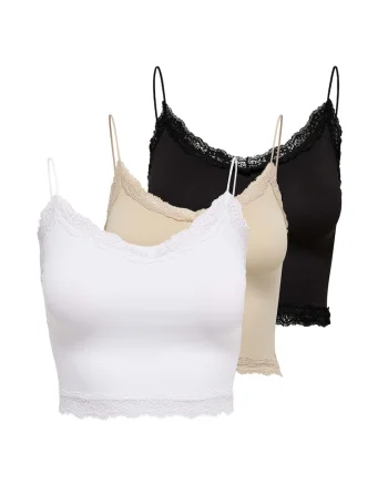 Set de top-uri slim fit crop Vicky - 3 piese, Alb/Negru/Bej