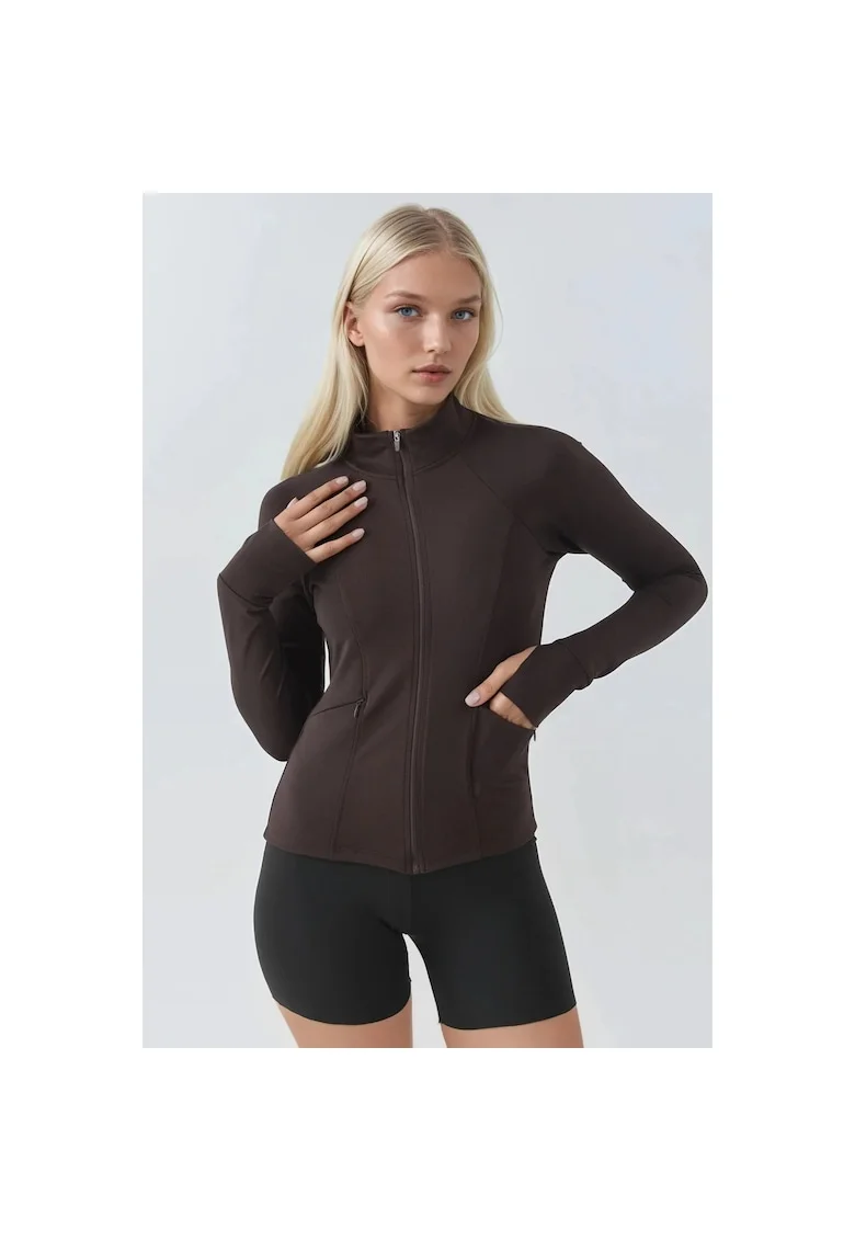 Bluza sport dama,  tricot, mulat, guler inalt, maro mocha inchis