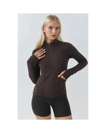 Bluza sport dama,  tricot, mulat, guler inalt, maro mocha inchis