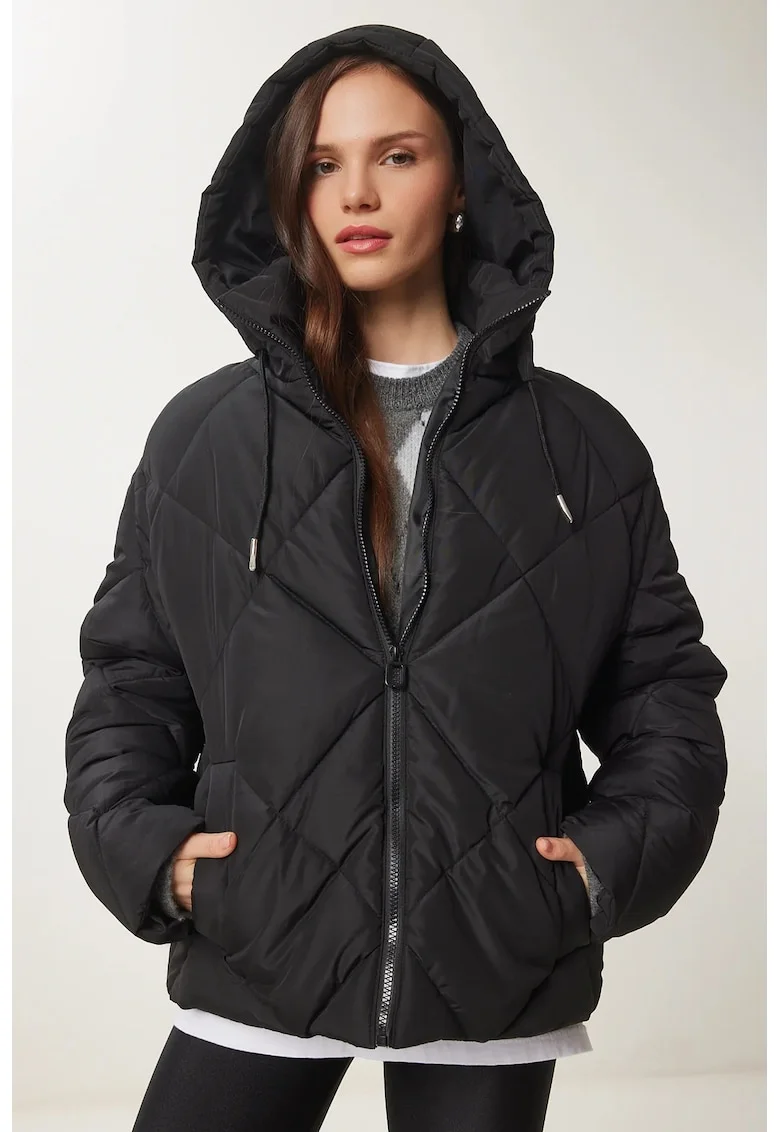 Geaca de puf, Happiness Istanbul, groasa, cu gluga, neagra, textila, Negru