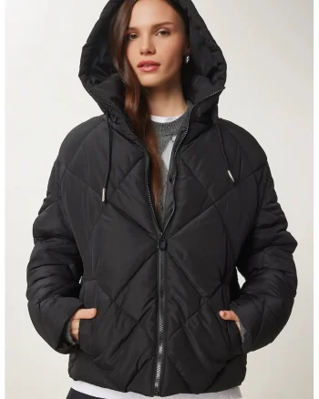 Geaca de puf, Happiness Istanbul, groasa, cu gluga, neagra, textila, Negru