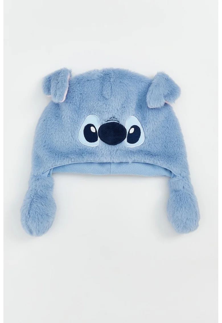 Caciula pufoasa cu urechi si imprimeu Stitch, Negru/Albastru prafuit