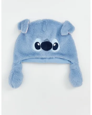 Caciula pufoasa cu urechi si imprimeu Stitch, Negru/Albastru prafuit