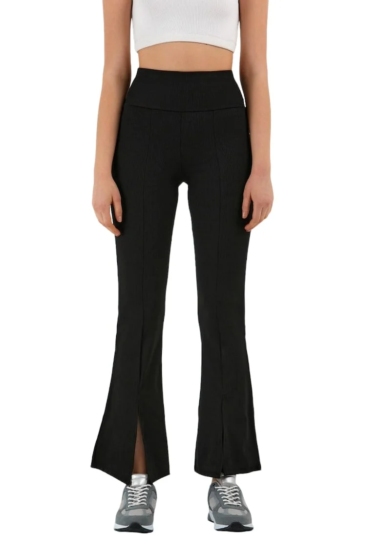 Colanti Dama, Evazati cu fante, Mini striatii, Talie inalta, Negru, Negru