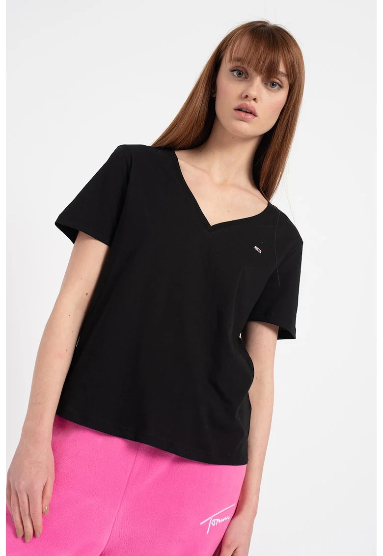 Tricou de bumbac organic cu decolteu in V, Negru
