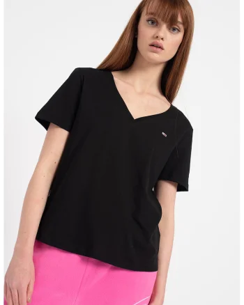 Tricou de bumbac organic cu decolteu in V, Negru
