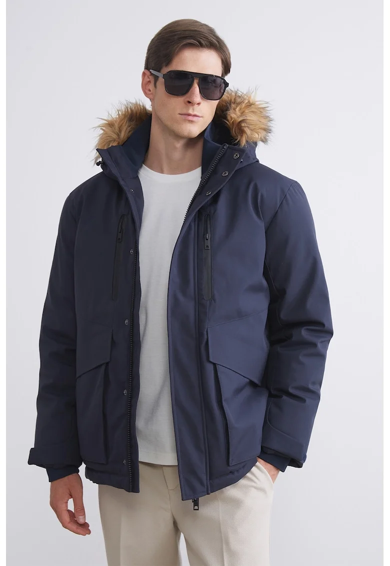 Geaca cu garnitura de blana sintetica, Albastru indigo/Bleumarin