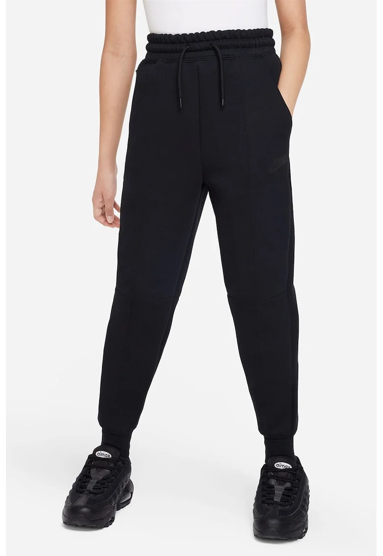 Pantaloni de trening din material fleece cu talie inalta Tech, Negru